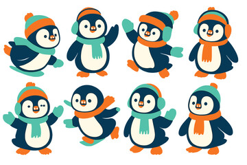 Adorable cartoon penguins wearing colorful winter hats scarves and earmuffs in playful poses