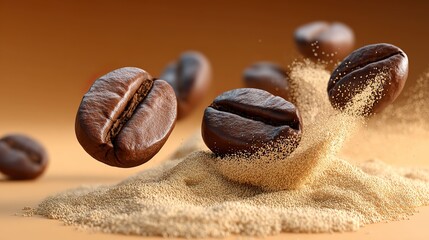 Roasted coffee beans in sand with dynamic light