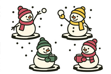 Cute cartoon snowmen characters playing in the snow and drinking hot chocolate