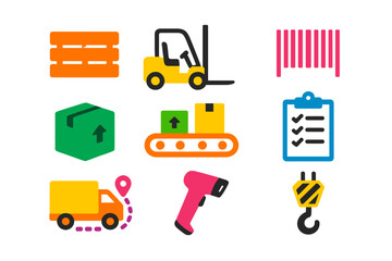 Colorful set of icons representing warehouse operations, shipping, delivery, and supply chain management