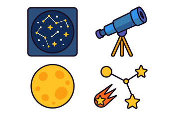 Set of astronomy and space symbols including telescope, moon, constellation, and shooting star