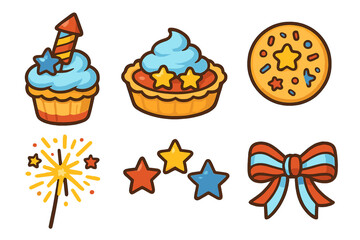 Cute patriotic holiday desserts and celebration items with stars and fireworks