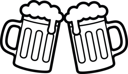 Two toasted beer mugs celebrating with frothy heads simple line art design