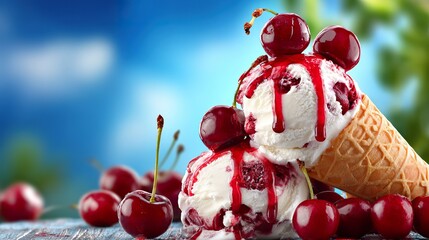 Ice cream with fresh cherries and syrup