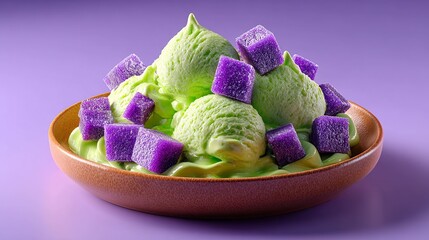 Green ice cream scoops with purple square candy served on a wooden bowl