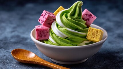 Swirled dessert with colorful toppings served in a bowl culinary concept