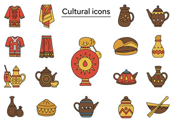 Cultural Icons: Traditional Clothing Pottery and Food Illustrations.