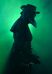Obraz premium Plague Doctor Halloween Costume Portrait with Glowing Green Misty Fog, Gothic Character in Black Cloak bird Mask, Dark Fantasy Horror Scene with silhouette figure Spooky Atmospheric Lighting.