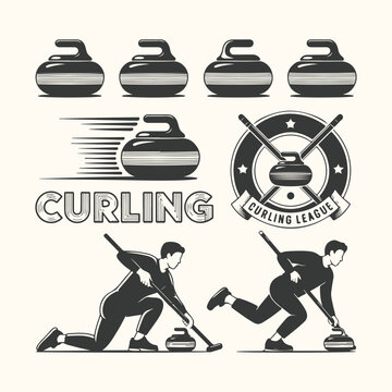 Vector art of vintage illustration of curling sport elements including stones, players, and league emblem