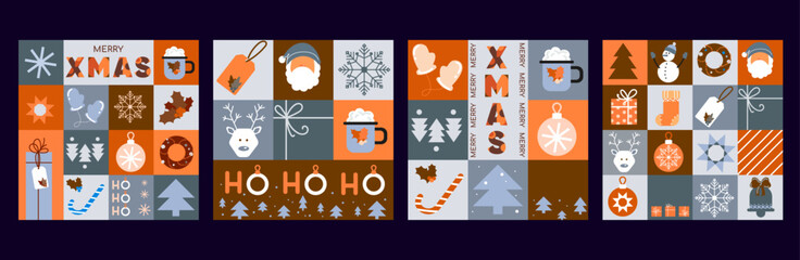 Merry Christmas and Happy New Year set of templates, greeting cards, posters, and holiday covers in abstract mosaic style. Modern Xmas design in vintage style for banner,social media,marketing. Vector