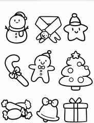 Fototapeta premium Christmas Holiday Icon Set Festive Elements and Decorations in Black and White Outline