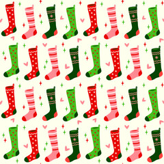 Christmas Stockings with Hearts and Stars Seamless Pattern