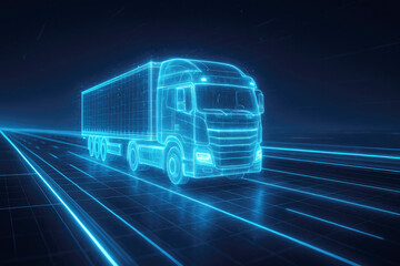 Futuristic blue wireframe semi-trailer truck driving on a digital highway with glowing lines