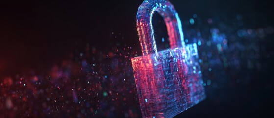 The Padlock of Digital Security Floating in Neon Cyber Space with Glowing Data Particles