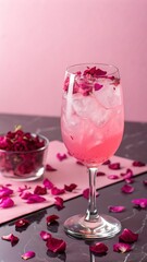Elegant pink rose petal cocktail drink on a marble table