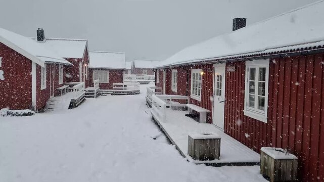 Heavy snowfall over Festhaeltinden mounts and red wooden rorbuer-traditional seasonal fishing huts-now for tourist use-one end on poles in the water. Hamnoy-Reine-Moskenesoya-Lofoten-Nordland-Norway.
