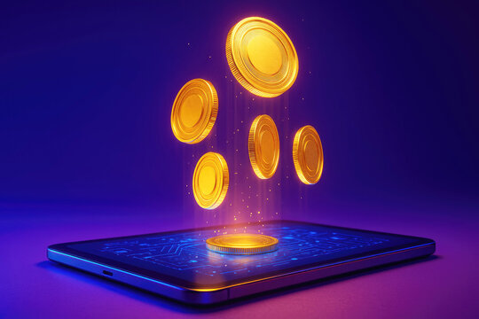 Golden coins floating above a smartphone displaying a digital circuit board cryptocurrency bitcoin