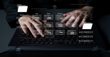 Project management system showing workflow stages, task progress, and review status. Task progress...
