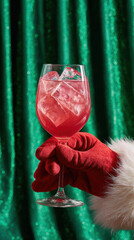 Festive holiday cocktail in elegant glass with pink drink and ice held by hand in red velvet santa glove against sparkling green curtain