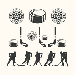 Vector art of collection of hockey elements including pucks, sticks, and players in action, isolated on a light background
