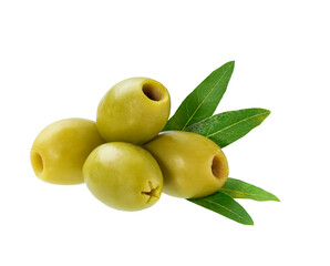 pitted olives with green leaves isolated on white background. pitted green olives isolated.