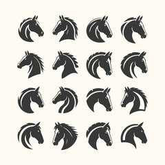 Vector art of collection of sixteen stylized horse head illustrations, each with a unique mane and profile, isolated on a plain background