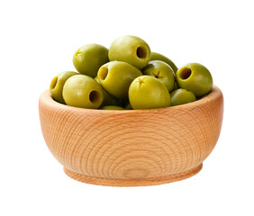 pitted olives in a wooden bowl isolated on a white background.