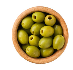 pitted olives in a wooden bowl isolated on a white background, top view.