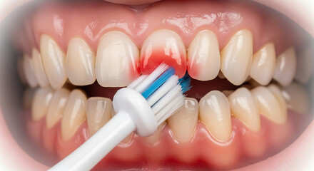 Macro Dentistry Photo &ndash; Teeth and Inflamed Gums Close-up with Toothbrush