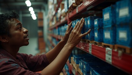 Worker wearing maroon shirt reaching for blue box on metal rack in warehouse aisle, copy space