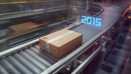 Transporting cardboard shipping box along warehouse conveyor belt, with floating 2015 readout