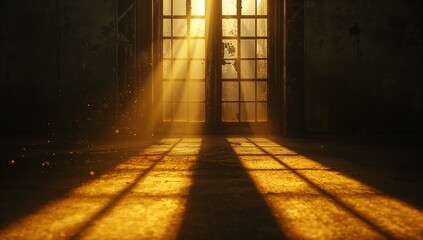 Sunlit multi-pane glass doors casting grid-like shadows in abandoned room, with dusty beams