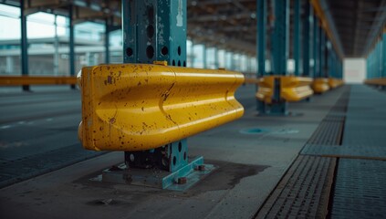 Steel column with yellow impact buffer standing in garage under metal roof, showing floor drains