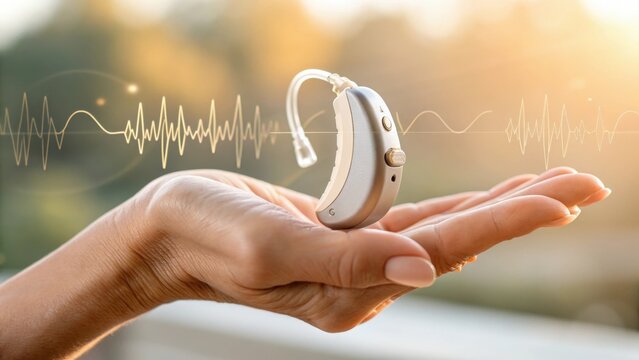 A hearing aid resting in an open hand with sound wave