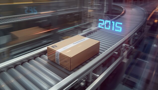 Transporting cardboard shipping box along warehouse conveyor belt, with floating 2015 readout