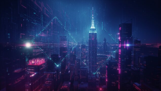 Towering spire tower glowing under neon pink and teal lights in future city, with digital rain