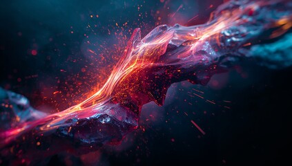 Swirling glowing ribbon of red and orange light dancing through cosmic void, with blue sparks