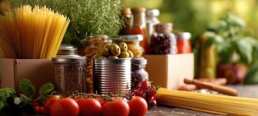 The Pantry Shelf with Pasta, Tomatoes, Jars and Fresh Herbs on Wooden Table