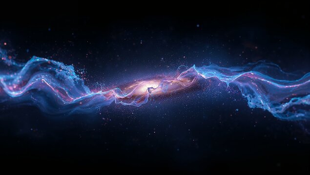 Streaming energy wave flowing through deep space, featuring radiant core and particle tendrils