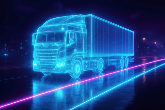 Neon blue and pink wireframe semi-trailer truck on a dark digital road with reflections futuristic