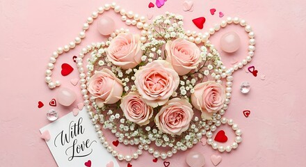 Beautiful pink rose bouquet decorated with pearls and soft fabric, romantic floral composition for celebration or wedding.