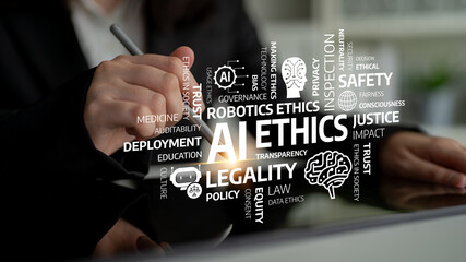This image visually communicates the critical aspects of AI ethics with keywords, emphasizing the...