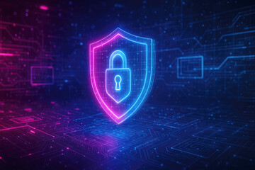 Neon Shield and Lock Symbol on Digital Circuit Board Background cybersecurity security