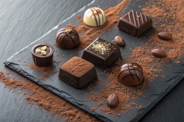 Assortment of delicious chocolate candies on a dark slate background