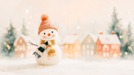 可愛らしいニット帽とマフラーの雪だるま、雪降る冬の村の背景