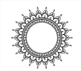 Circular mandala features bold black outlines forming an intricate florallike pattern on white