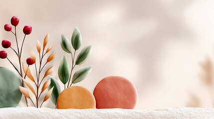 秋の自然を表現した水彩風の植物と抽象的な背景