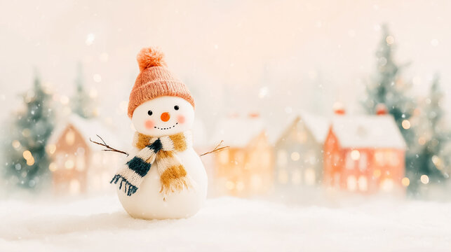 可愛らしいニット帽とマフラーの雪だるま、雪降る冬の村の背景