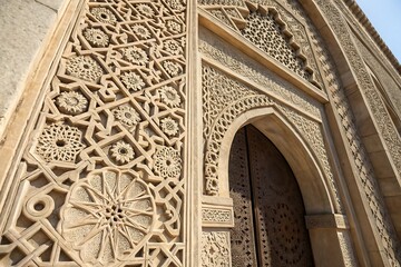 Close up of the beautiful details of the alattarine madrasa in fes