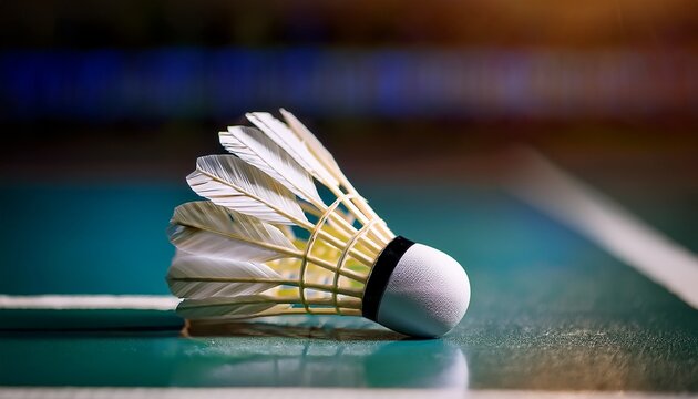 a close up shot of a badminton shuttlecock resting on the court a sharp focus highlights the feather details and texture emphasizing the sporty feel